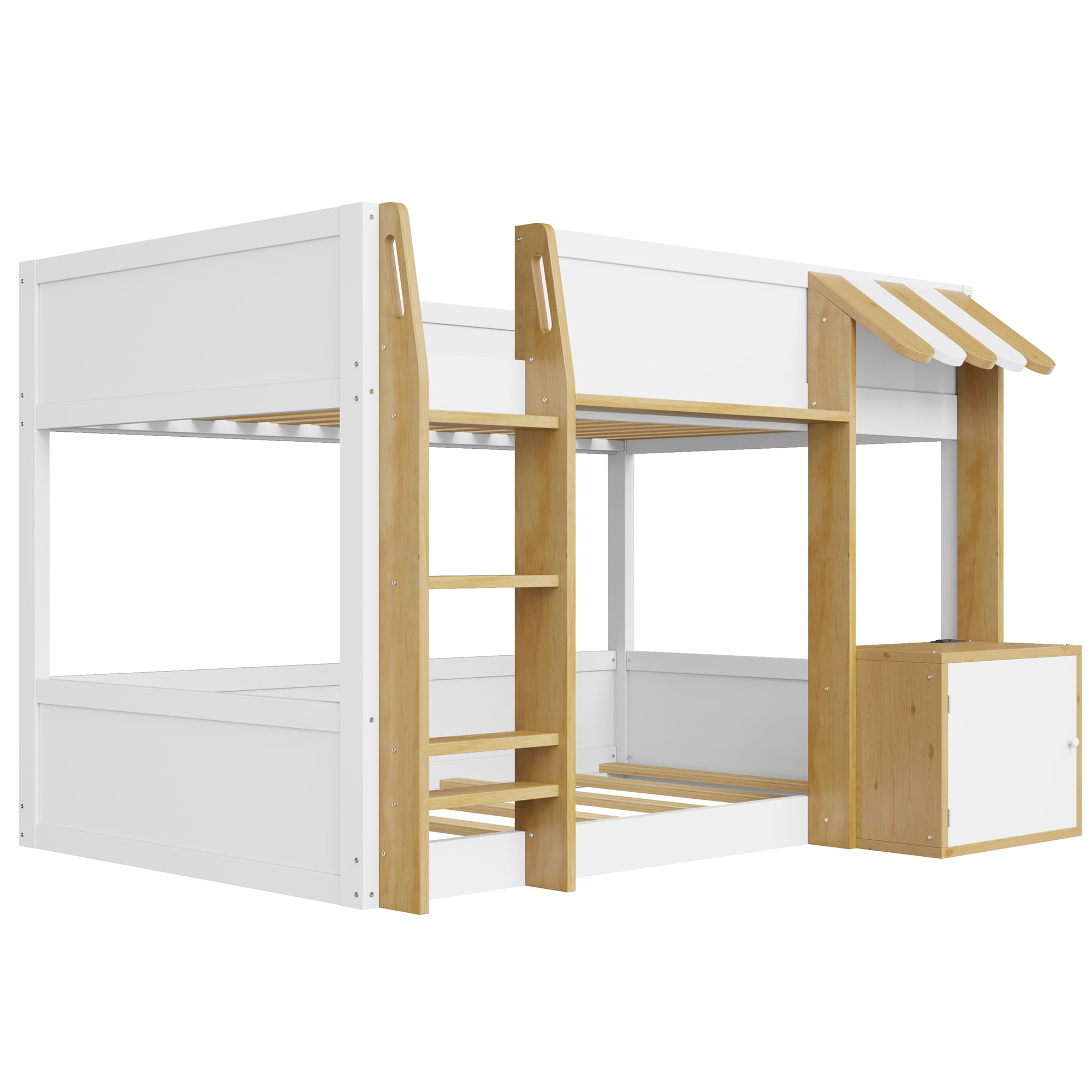 Euroco Wood Twin over Twin Bunk Bed with Desk and Cabinets, Storage Bed with Shelves and USB Ports, White