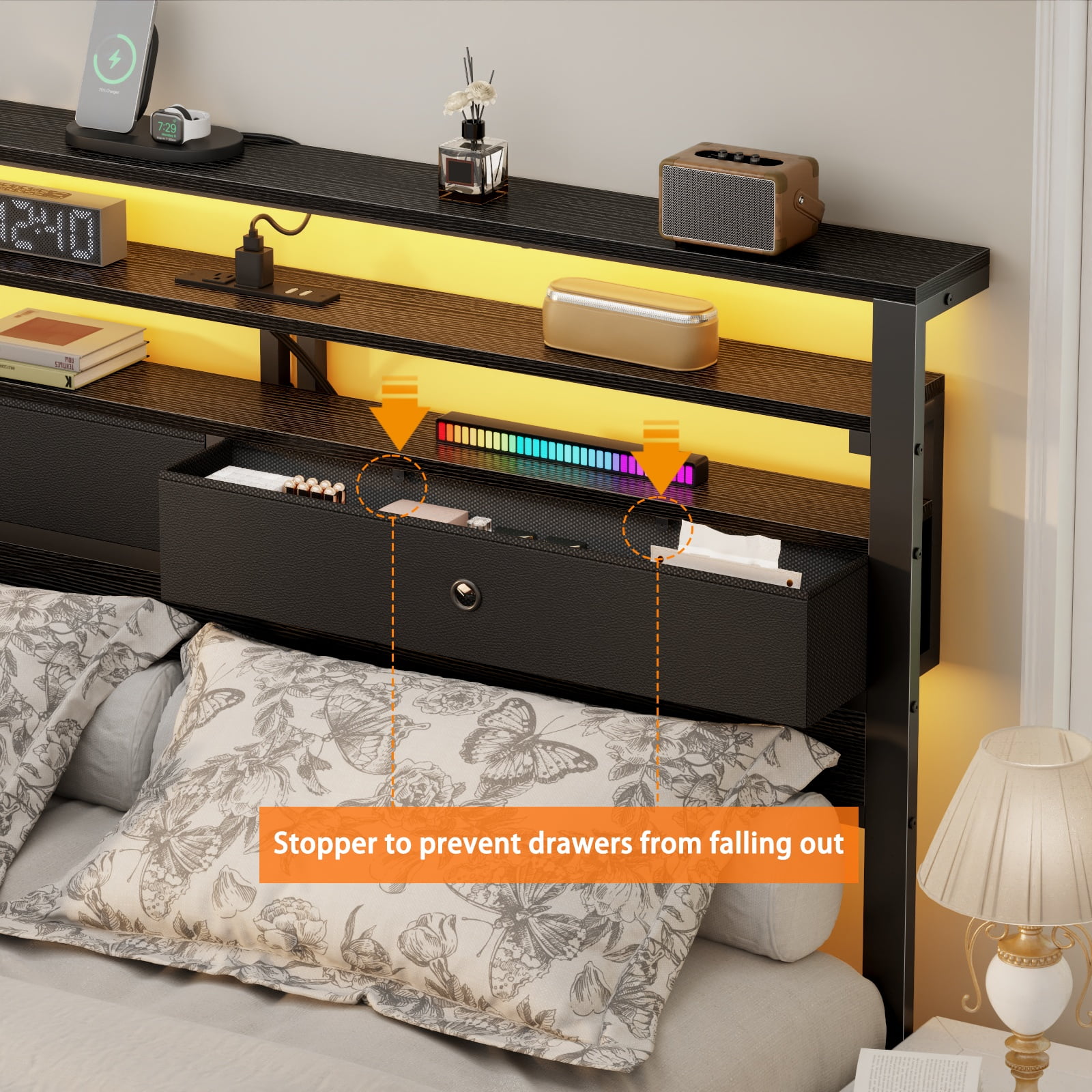 Dyzmo Full Size Bed Frame with Charging Station Storage Headboard Under Bed Storage Space, LED Platform Bed with High Headboard and Wooden Slats, No Box Spring Needed