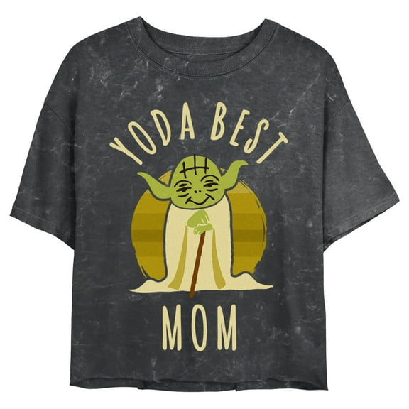 Junior's Star Wars Cartoon Yoda Best Mom Crop Graphic Tee Black Medium