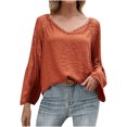 thumbnail image 1 of Leutsin Women Solid V-Neck Lace Splicing Flared Long Sleeve Hollow Out Blouses Tops, 1 of 7