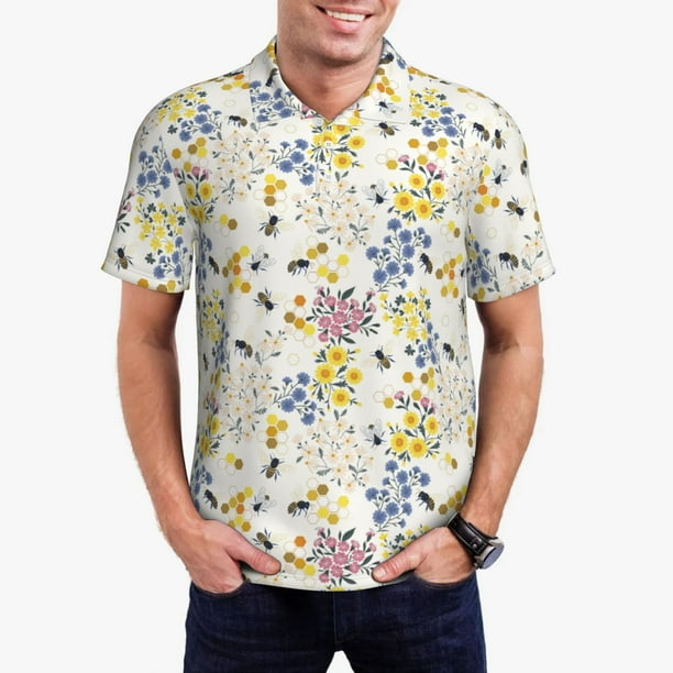 Fotbe Wildflower Honeybee Camiseta Polo de Golf para Hombre con Estampado – Camisa Deportiva Transpirable con Cuello Abotonado-3X-Large