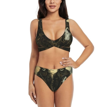 Zeuib Western Desert Skull Cowboy High Waisted Tummy Control Bikini Set - Knot Front Push Up Top & Cheeky Thong Bottom  Two-Piece Swimsuit for Women-X-Large