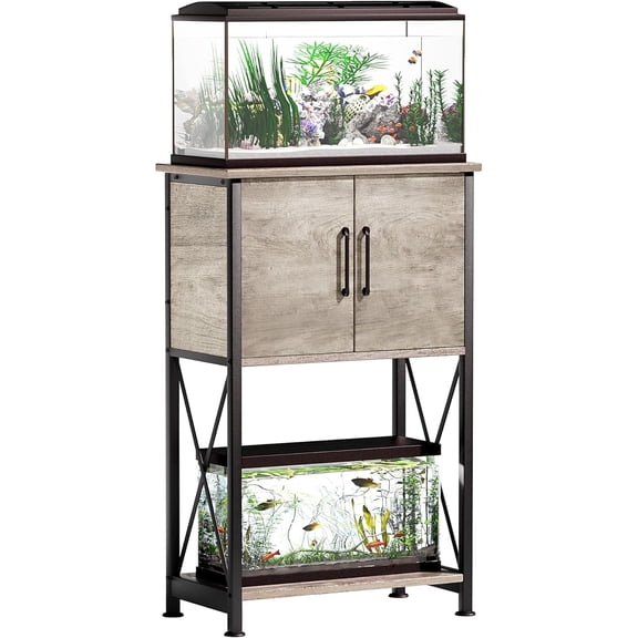 5-10 Gallon Fish Tank Stand, Metal Double Aquarium Stand with Cabinet for Fish Tank Accessories Storage, Heavy Duty 20.5" L* 11.02" W Tabletop, 500LBS Capacity Grey