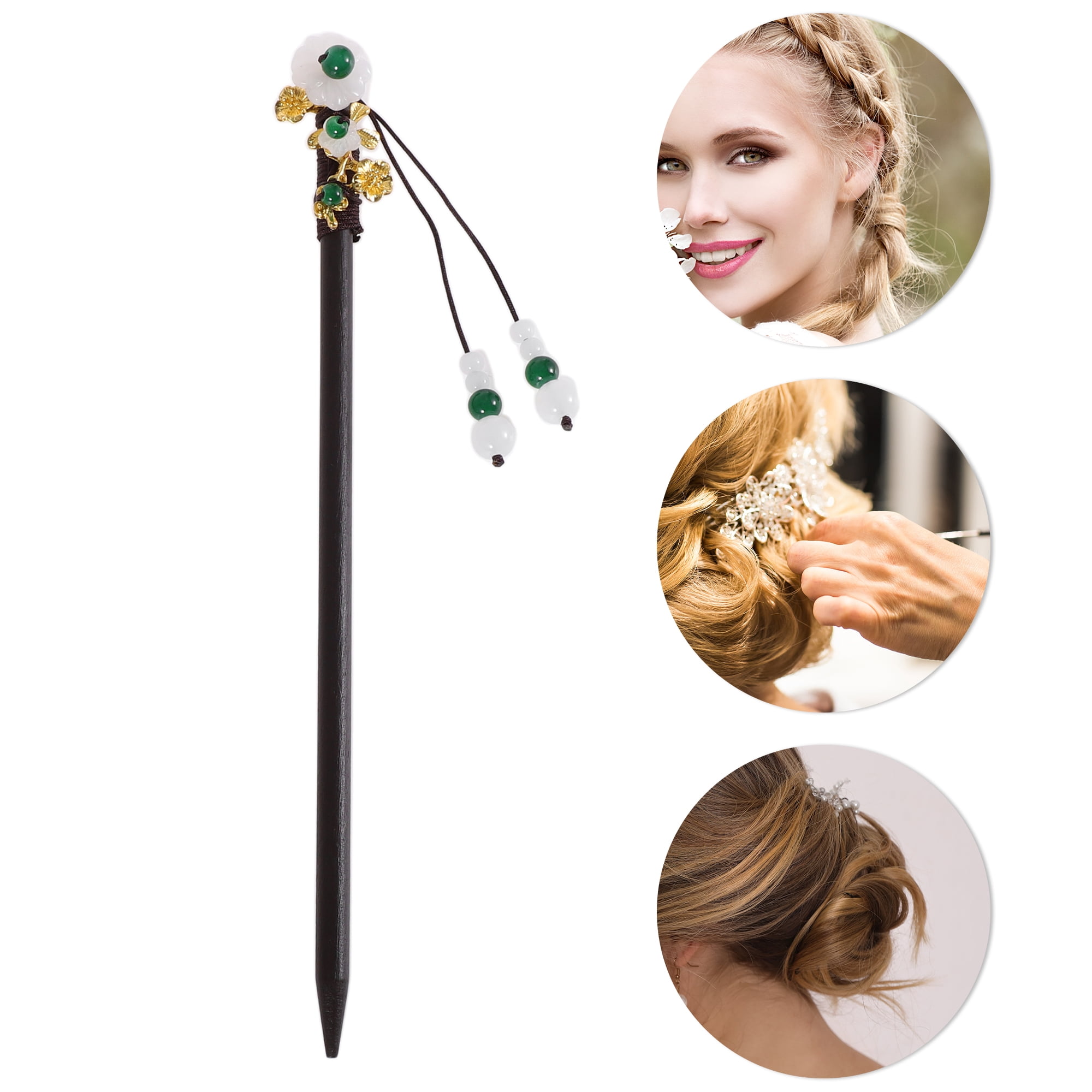 Unique Bargains Hair Stick Pin for Women 1Pc Black, White, Green [Retro Style Flower]