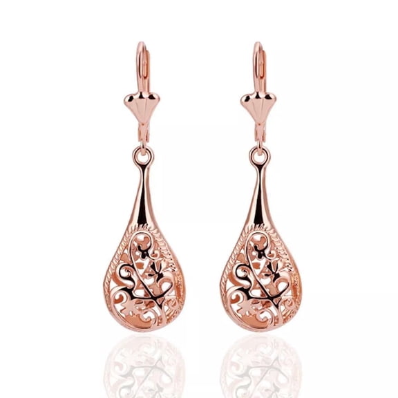 Rose Gold Plated Filigree Teardrop Lever Back Drop Dangle Earrings L130
