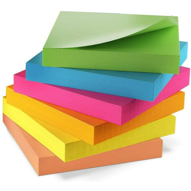 Notas adhesivas de 3 x 3 pulgadas, notas adhesivas de colores brillantes, 6 blocs de 600 hojas en total, notas autoadhesivas resistentes, 6 colores (amarillo, verde, azul, naranja, rosa,