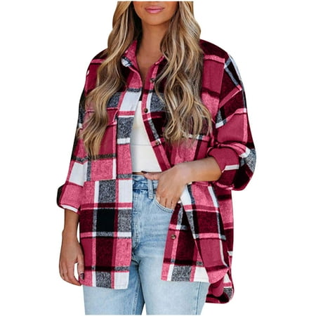 

Trench Coats for Women Winter Jackets for Women Women s Single-breasted Plaid Shirt Women s Long-sleeved Shirt Woolen Coat Oversized Jacket Cardigan for Women New Arrival Womens Coat Hot Pink M