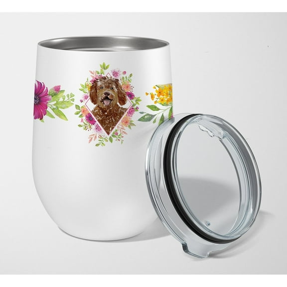Carolines Treasures CK4228TBL12 Labradoodle Pink Flowers Stainless Steel 12 oz Stemless Wine Glass 12 oz multicolor
