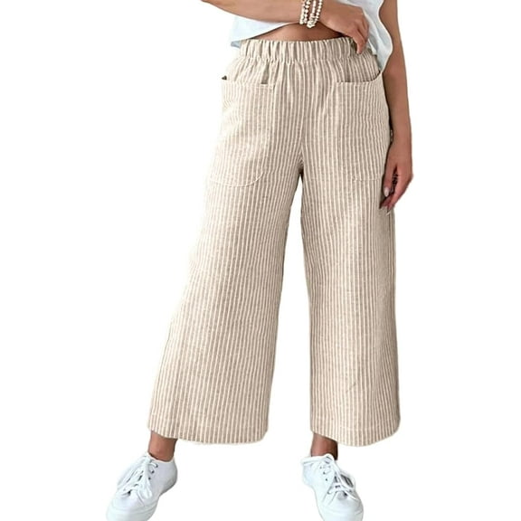Women's High Waisted Wide Leg cotton-linen blend Pants - Casual Loose Straight Palazzo Trousers with Elastic Waist & Pockets (Multiple Colors)