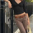 thumbnail image 6 of Women 90s Vintage 3/4 Long Sleeve Wrap V Neck Crop Tshirt Tops Slim Fit Open Back Y2k Girls Summer Going Out Tee Black L, 6 of 6