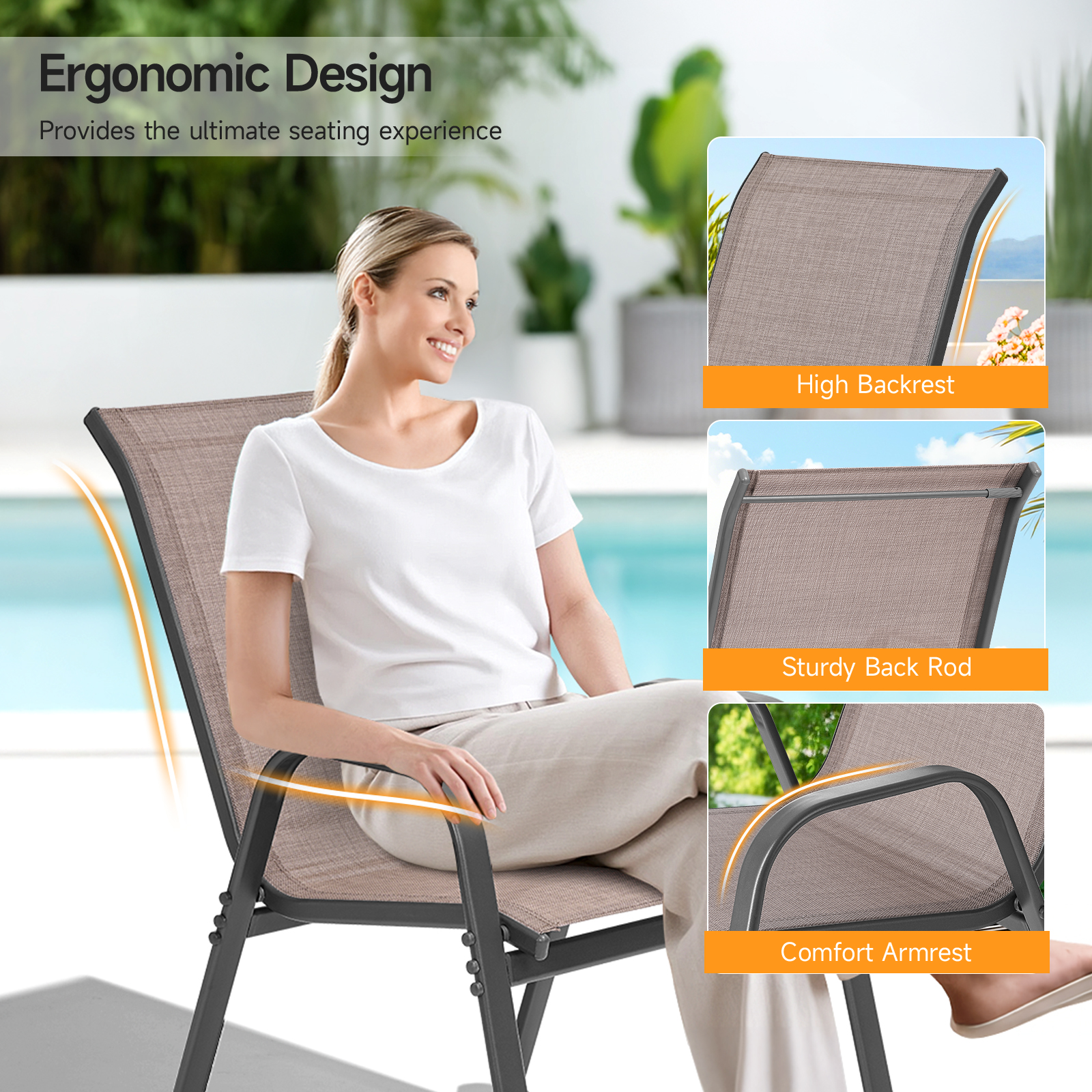 Dovov Outdoor Patio Dining Chairs Set of 6, Stackable Patio Chairs Textilene Outdoor High Back Armchairs, Brown