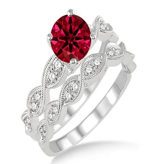 1.5 Carat Ruby & Diamond inertwined Bridal setRound cut diamond on 10k White Gold