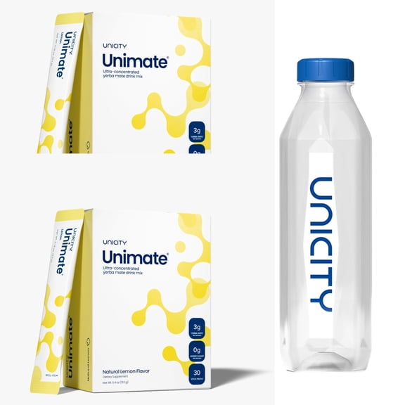 Unicity Unimate Lemon Drink Mix 2 Box Pack with Bottle, 60 Sachets Total, Instant Lemon Beverage Powder, Reusable Mixing Bottle Included, Low Calorie Daily Drink Mix for Men & Women