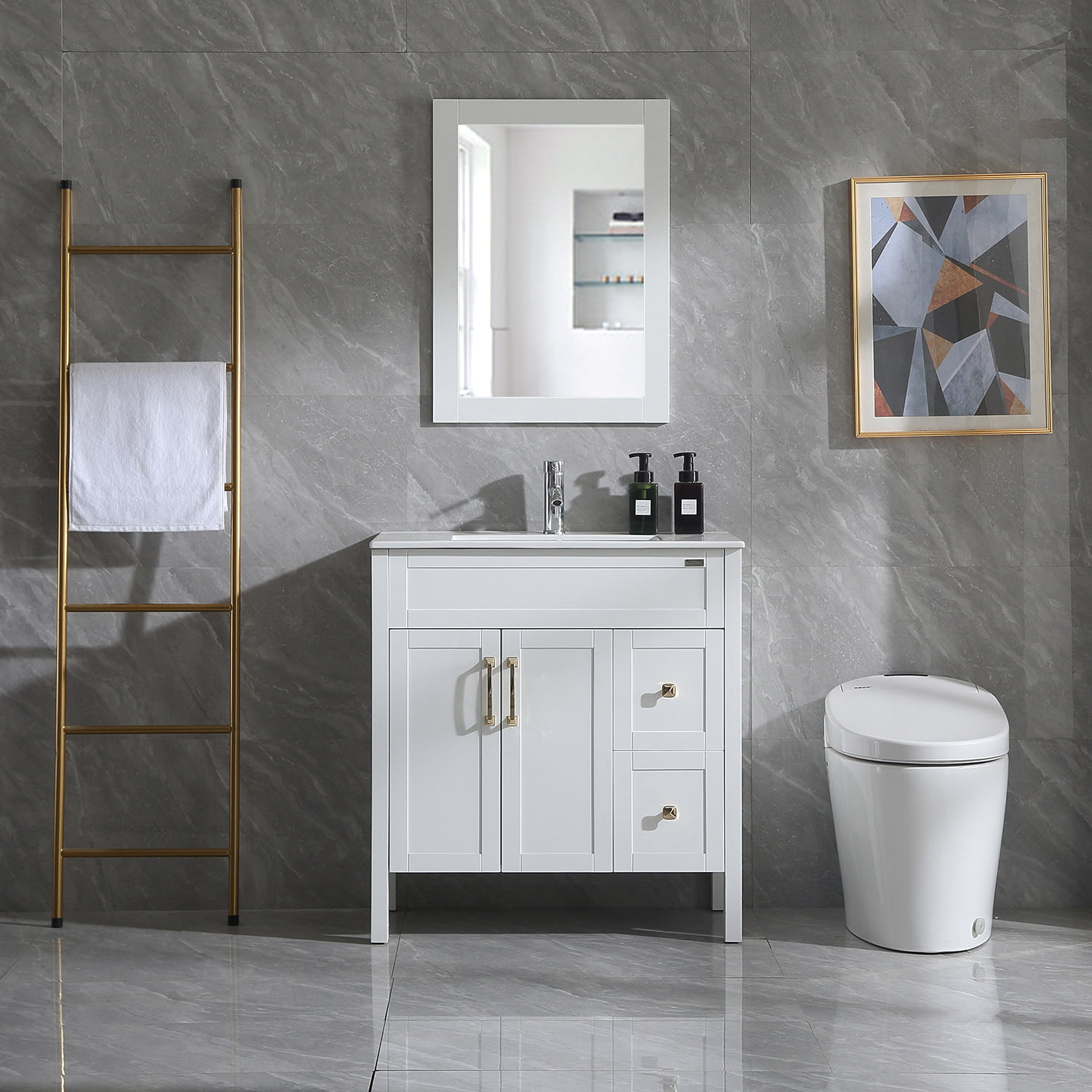 36" White Bathroom Vanity Mirror Side Cabinet Vessel Glass/Ceramic Sink Faucet 