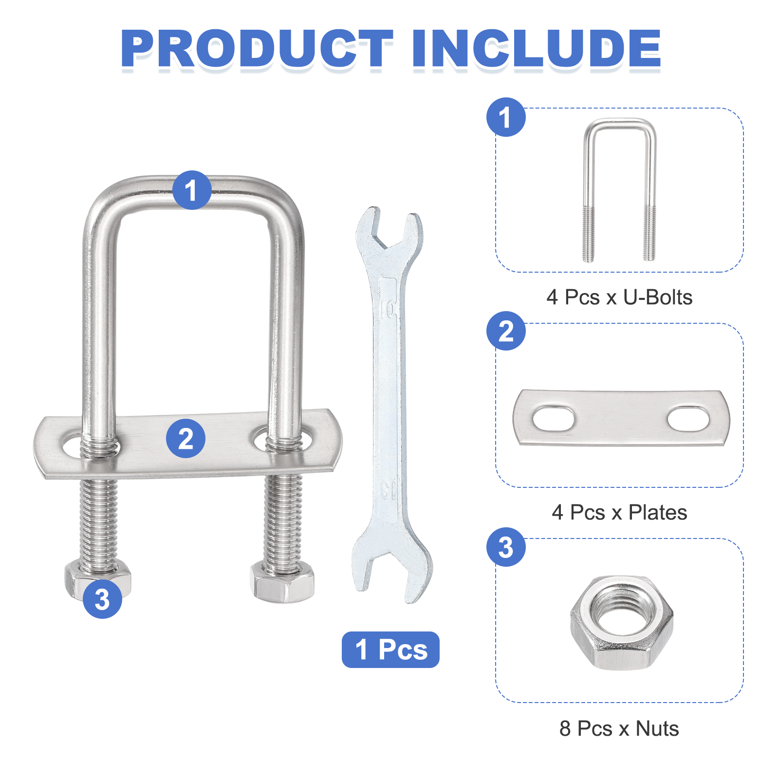 Uxcell 4 Sets M8 Square U-Bolts, 1.22" Inner Width 2.36" Length 304 Stainless Steel U Clamp Bolts with Nuts, Plates and Wrench