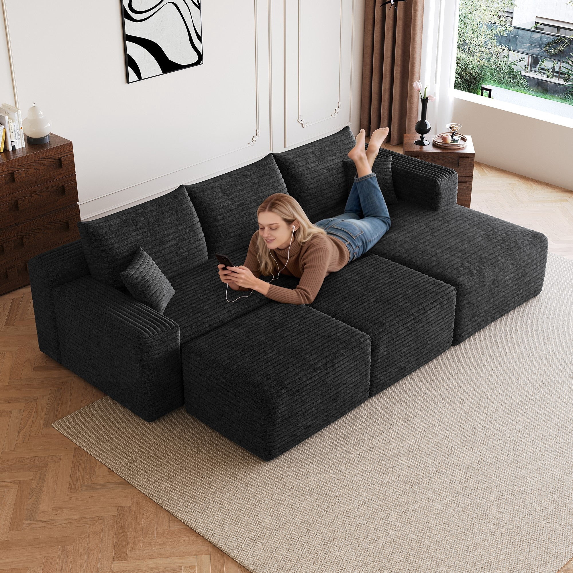 Sailvan 95" Cloud Sectional Sofa with 2 Ottomans,No Assembly Required U-Shaped Modular Couch,Deep Seat Sofa for Living Room Black