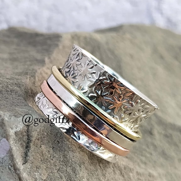 INISHA CREATION Silver Meditation Ring - Spinning Ring - Fidget Spinner Ring - Worry Ring - Statement Ring - Mixed Metal Spin Ring - Engraved Ring Jewelry