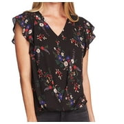 Vince Camuto Women's Blouse Floral Flutter Sleeve V-Neck Black Size XXS
