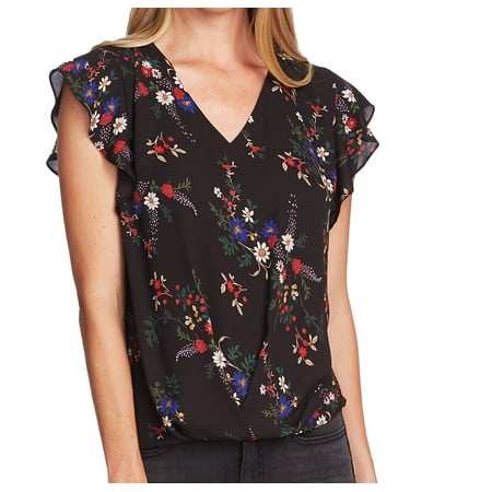 Vince Camuto Women's Blouse Floral Flutter Sleeve V-Neck Black Size XXS
