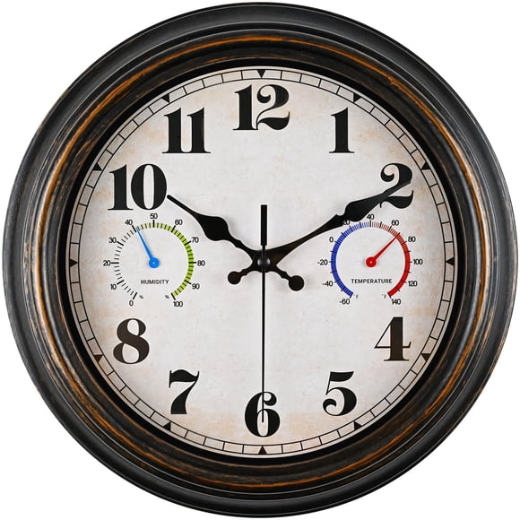 Horloge d'Extérieur Thermomètre Combo - Horloges Murales Rétro Silencieuses, Grande Horloge de 12 Pouces pour Intérieur et Extérieur avec