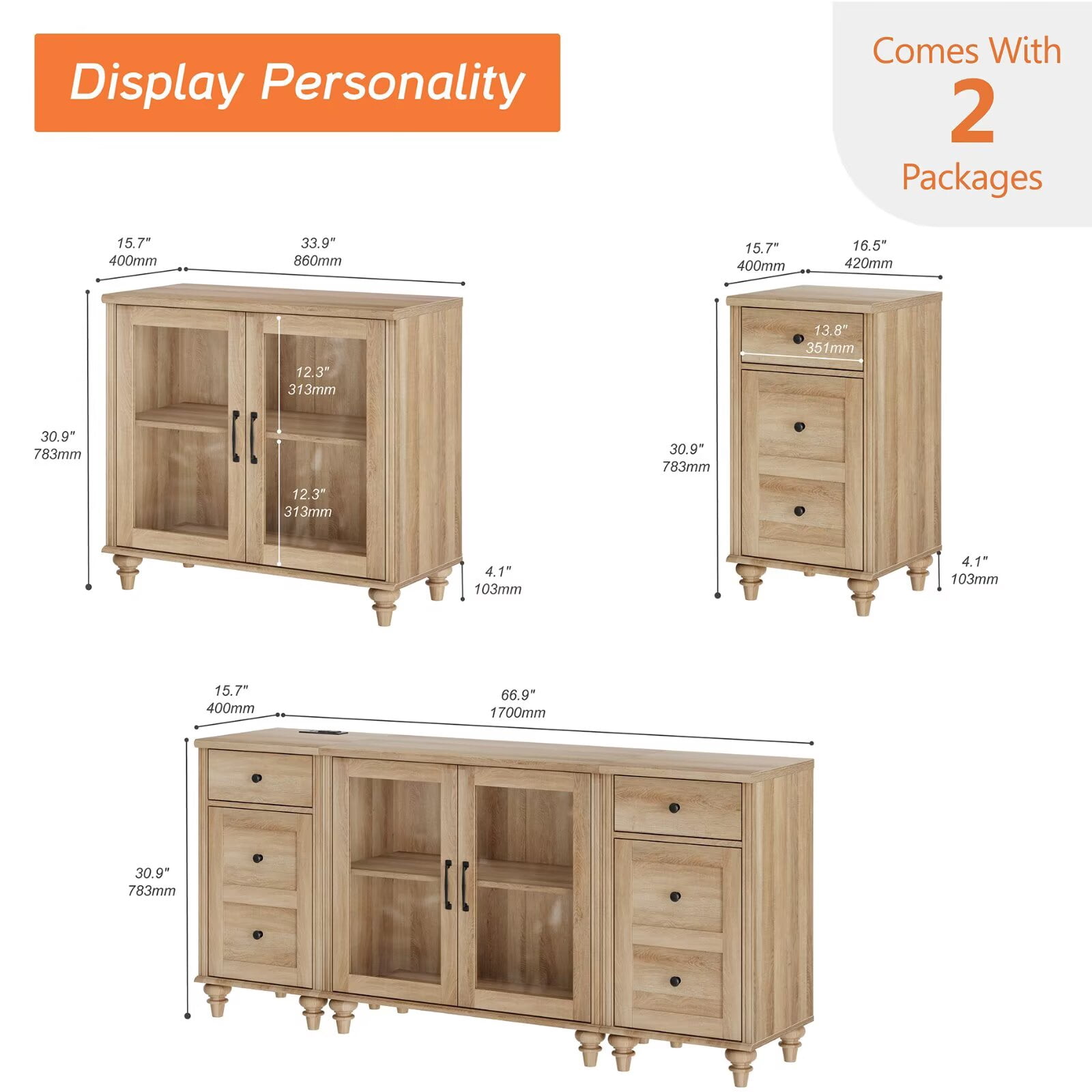 Kitchen Buffet Sideboard Cabinet with 2 Glass Doors, Mid-Century Cupboard & End Table with Charging Station, 3-in-1 Console Table Entertainment Center for Living Room and Dining Room, Oak