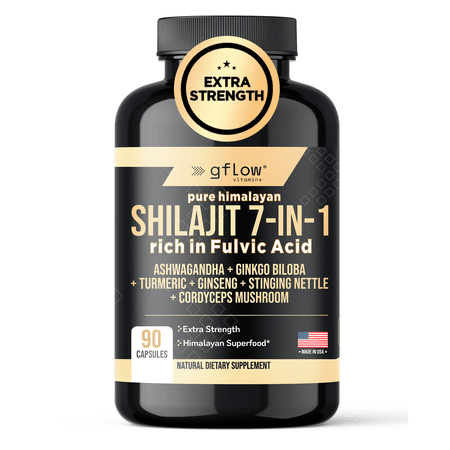 Gflow Vitamins Pure Himalayan Shilajit rich in fulvic acid with Ashwagandha. Turmeric, Ginseng, Ginkgo Biloba, Stinging Nettle Cordyceps Mushroom | Maximum Potency | Made in the USA