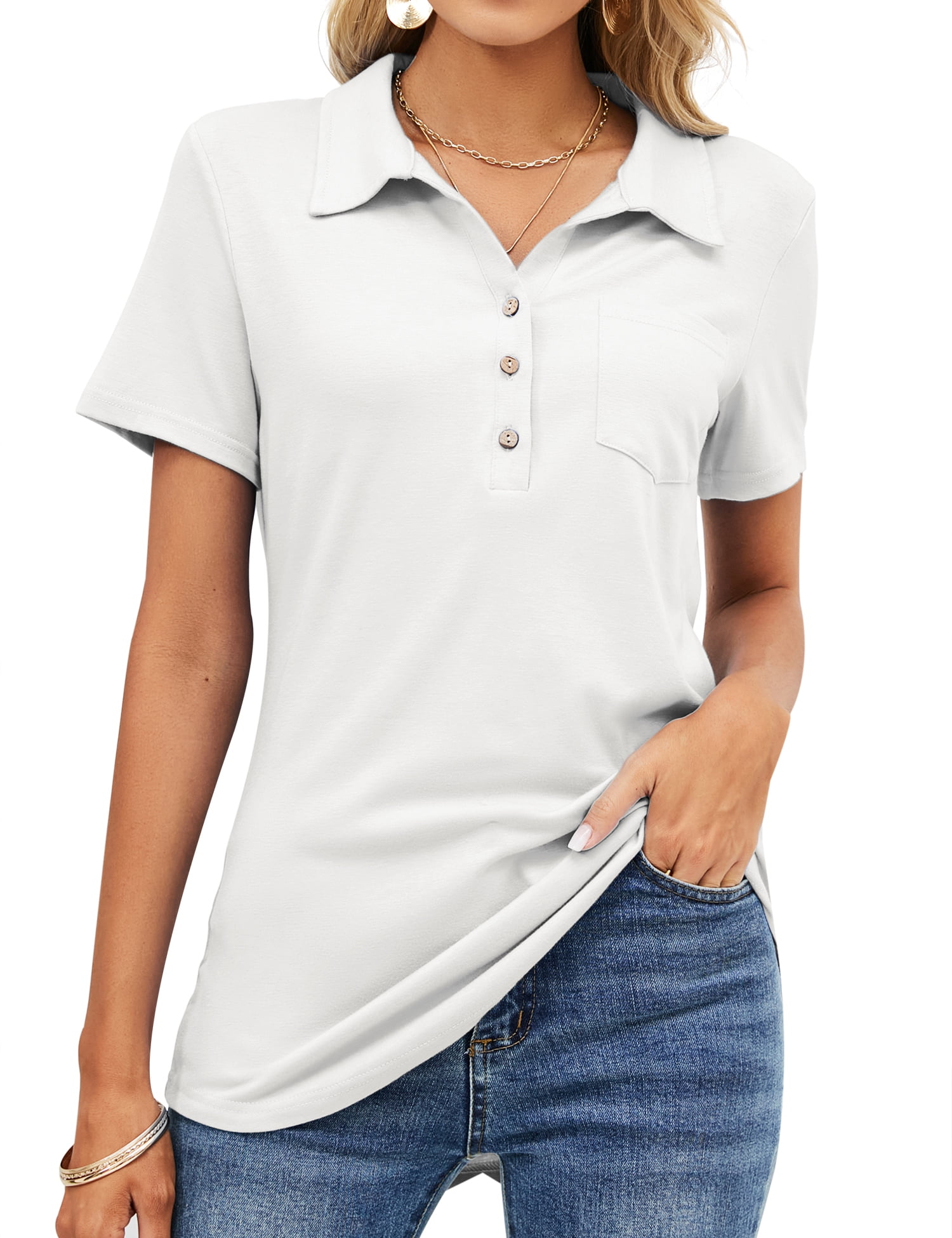 ZHENWEI Womens Short Sleeve Polo T Shirts V Neck Button Down Blouse ...