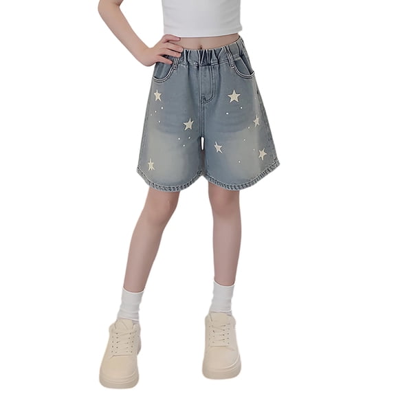 MEZZALL Child Girls Blue Solid Color Denim Shorts Star Print Summer Casual Bottoms Kids Holiday Bottoms