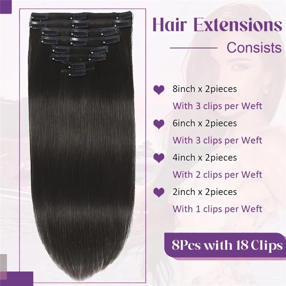 Real Human Hair Invisible Straight Seamless Clip On Hair Extensions 8pcs With 18 Clips Double Weft Hair 120g