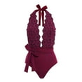 thumbnail image 2 of YueHuiYing Women Solid-Color V Neck One Piece Swimsuit Halter Backless Ruched Tummy Control Bathing Suit, 2 of 5