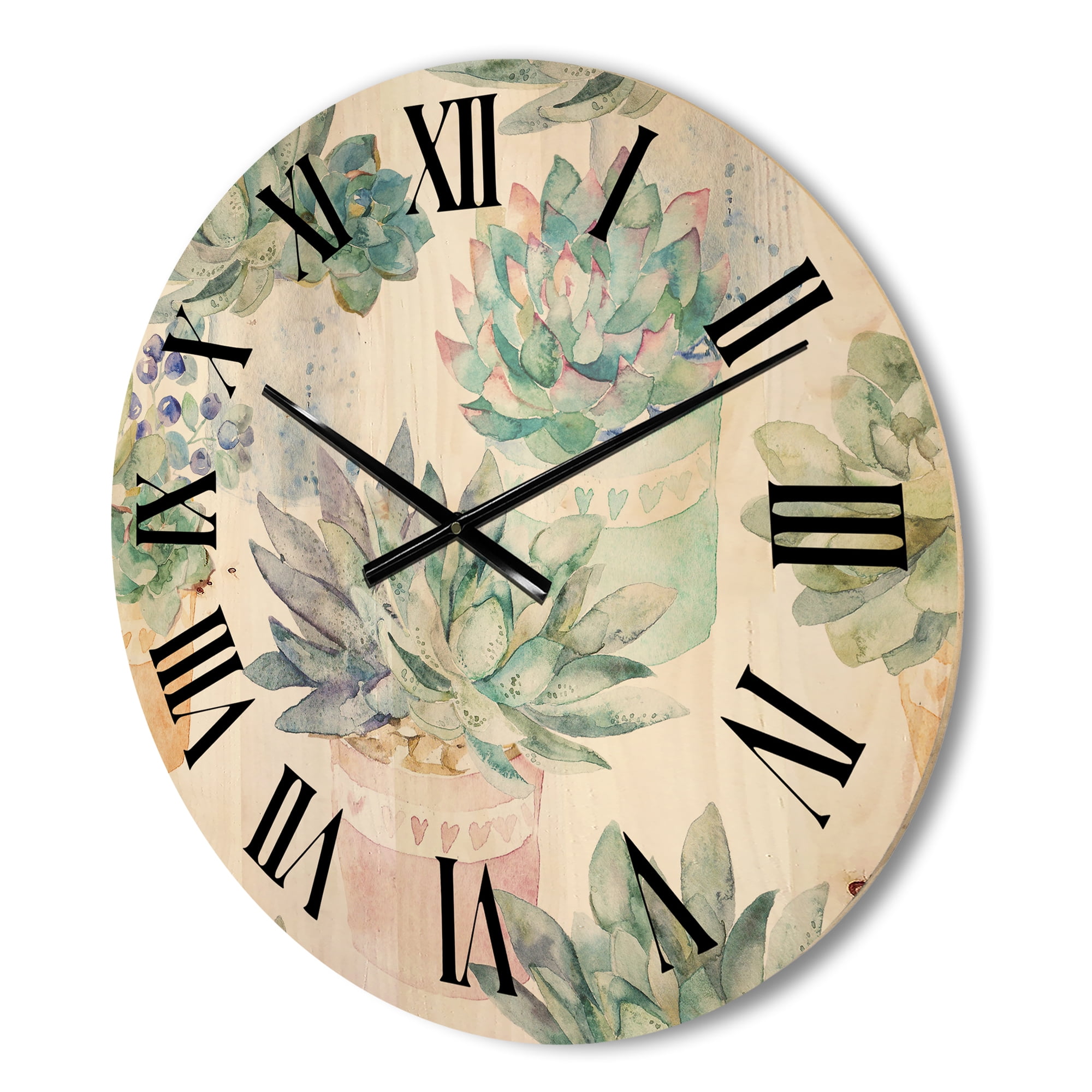 Designart 'Pastel Toned Succulent Housplants in Flowerpots' Traditional Wood Wall Clock
