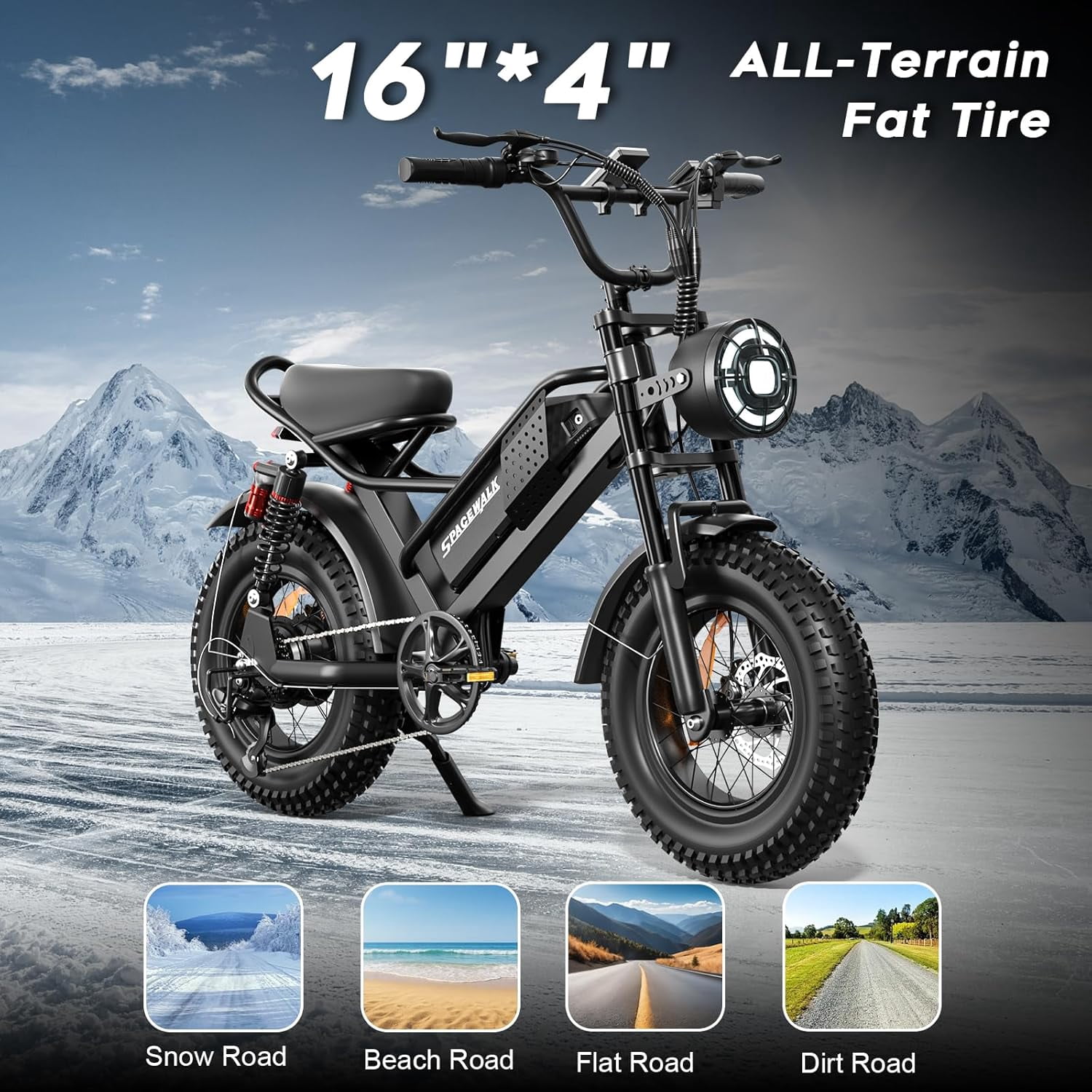 Eilleo Spacewalk M6 Off road Electric Bike for Teens/Adults,16" fat tire Ebike,1500W Peak Motor 21.7mph,48V 15.6Ah Removable Battery, Dual Suspension UL2849