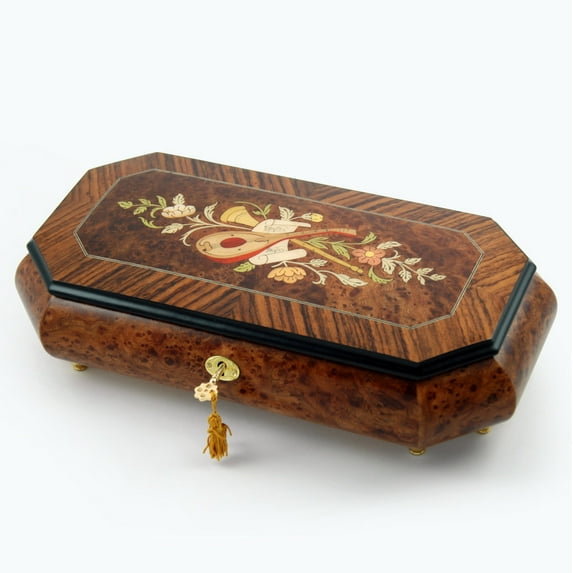 Exquisite 30 Note Grand Music and Floral Wood Inlay with Cut Corners Music Jewelry Box - Moon River