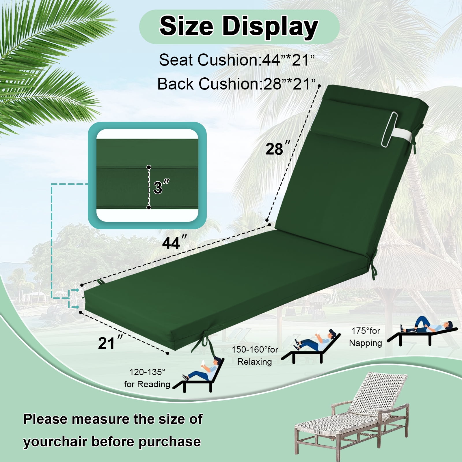 DTTRA Chaise Lounge Cushions Outdoor, 72 x 21 x 3 Inch, Waterproof Lounge Chair Cushion for Outdoor Furniture, Patio Lounger Pads with Removable Cover Ties Pillow for Pool, Garden Loungers