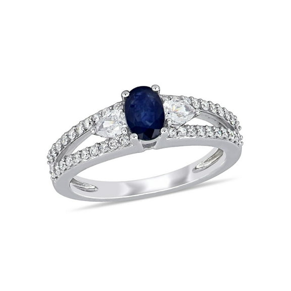 3/5 Carat (Ctw) Blue Sapphire & Diamond 1/2 Carat (Ctw) Ring in 14K White Gold for Women