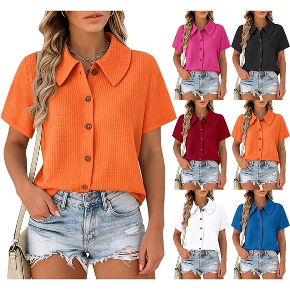 Breezora Women's Knit Collared Short Sleeve Shirt, Button Down Waffle Texture Loose Fit Summer Blouse