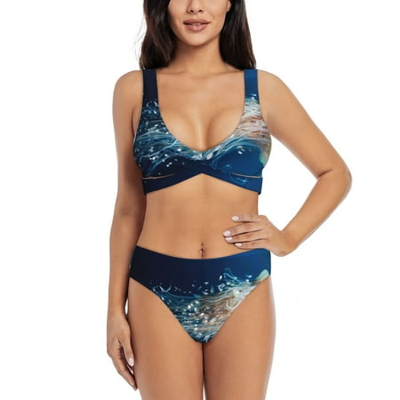 Zeuib White Jellyfish Dansing in the Ocean High Waisted Tummy Control Bikini Set - Knot Front Push Up Top & Cheeky Thong Bottom  Two-Piece Swimsuit for Women-Large
