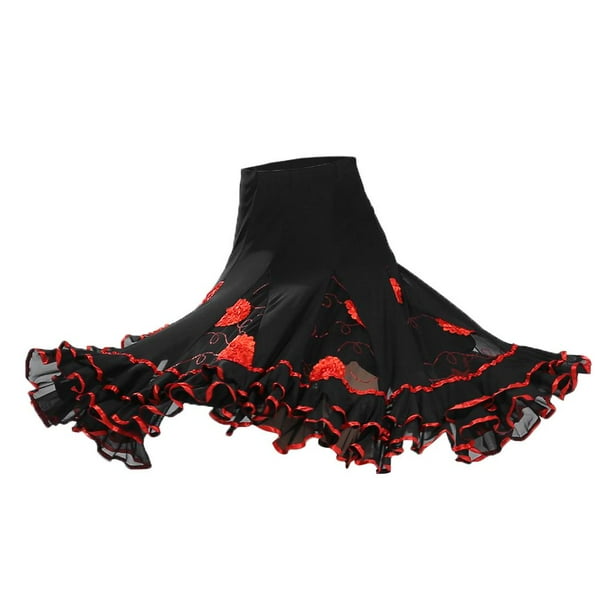 Falda de baile de salón flamenco con cinturilla elástica y gran vuelo, traje moderno rojo