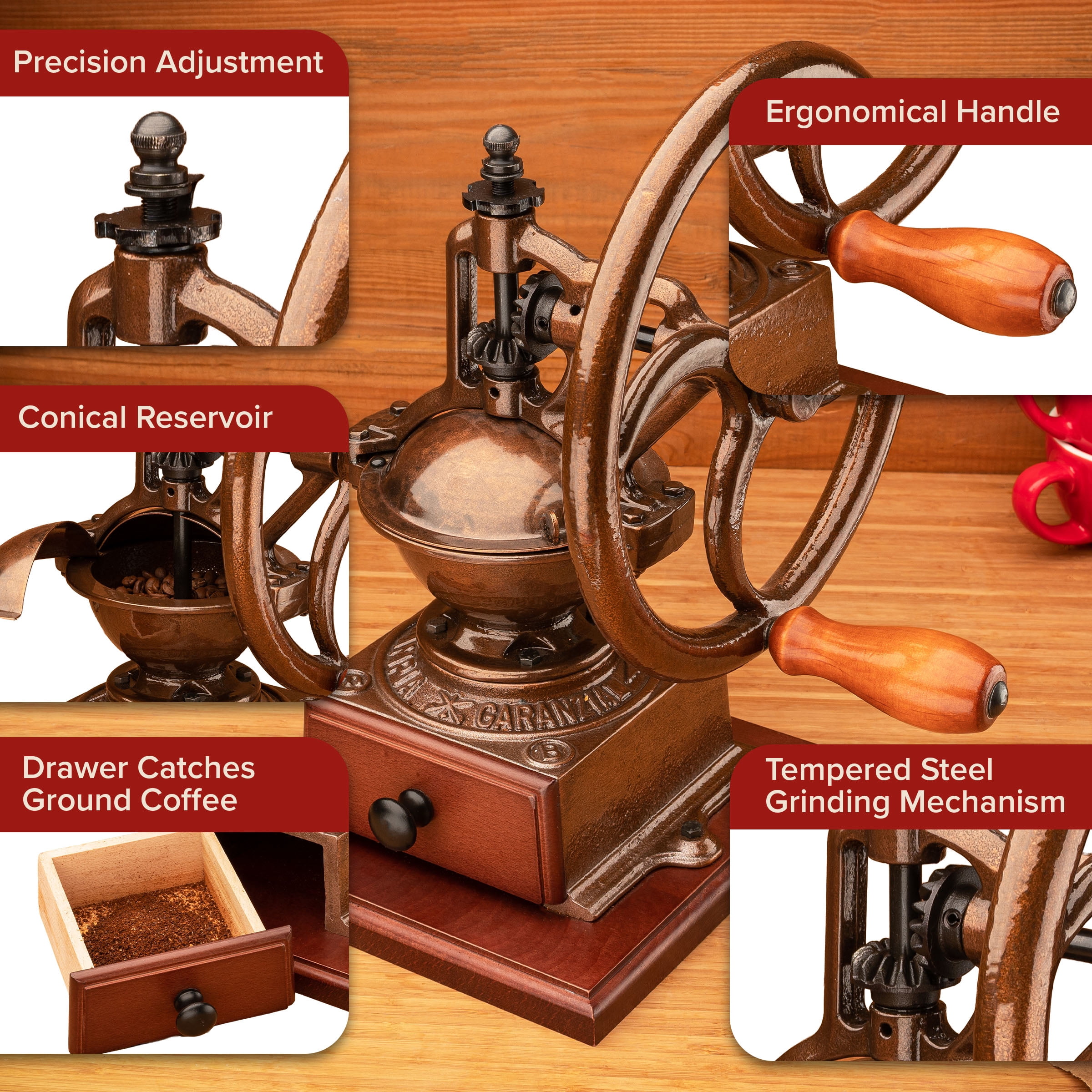 Classic Cuisine Manual Coffee Grinder - Cast Iron Conical Burr Coffee Bean Grinder (Copper)