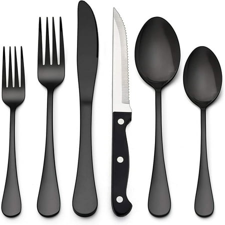 

72-Piece Black Silverware Set With Steak Knives Black Flatware Cutlery Set For 12 Stainless Steel Kitchen Utensils Tableware Mirror Finish Dishwasher Safe