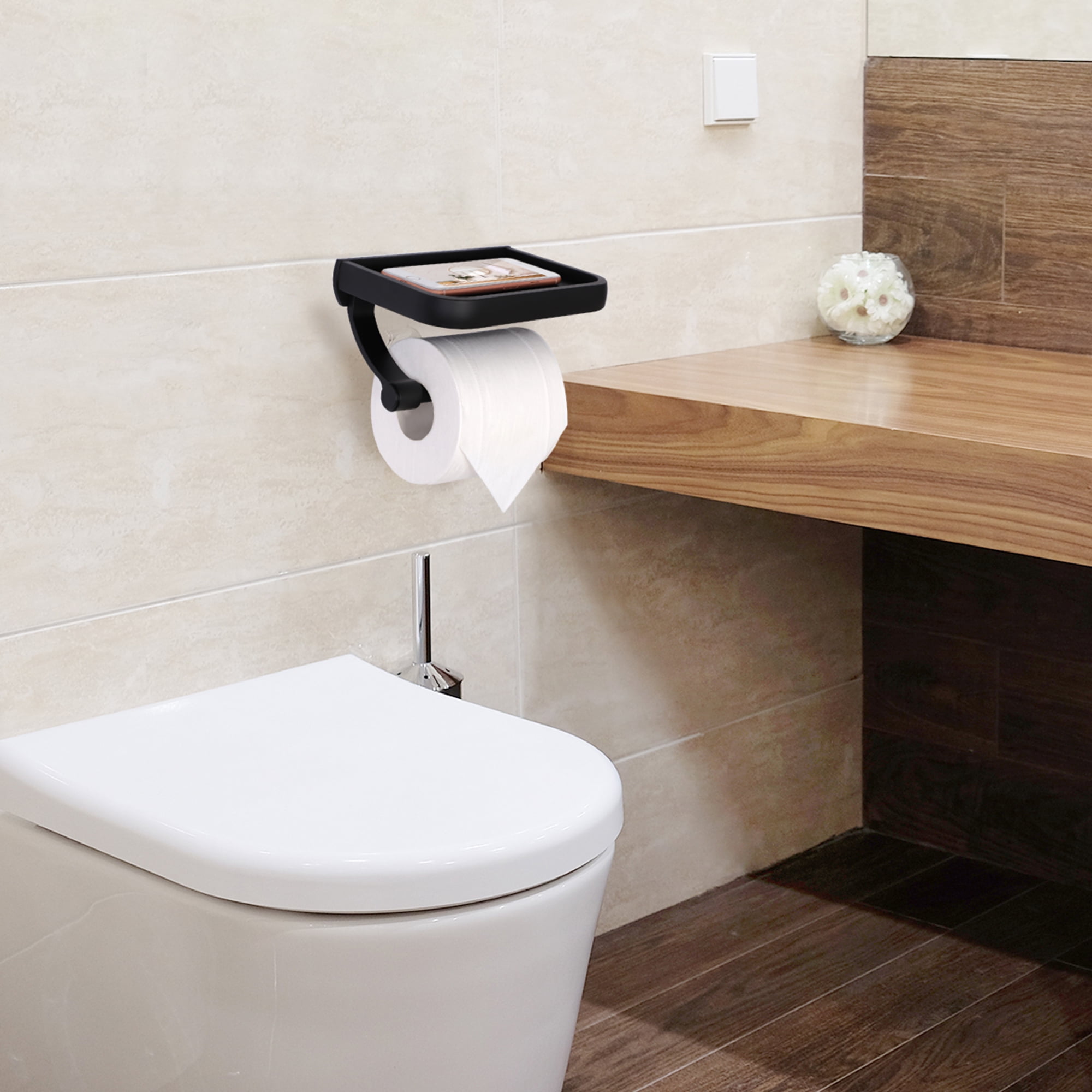 Uxcell Toilet Paper Tissue Holder with Phone Shelf Aluminum Alloy Matte Black