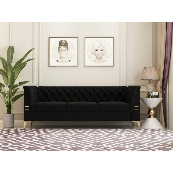 83" Chesterfield Sofa Couch, Vintage 3-Seater Sofa Bed Sofa Sleeper with Removable Cushions, Modern Tufted Upholstered Accent Sofa for Living Room, Bedroom, 750lbs Capacity, Black