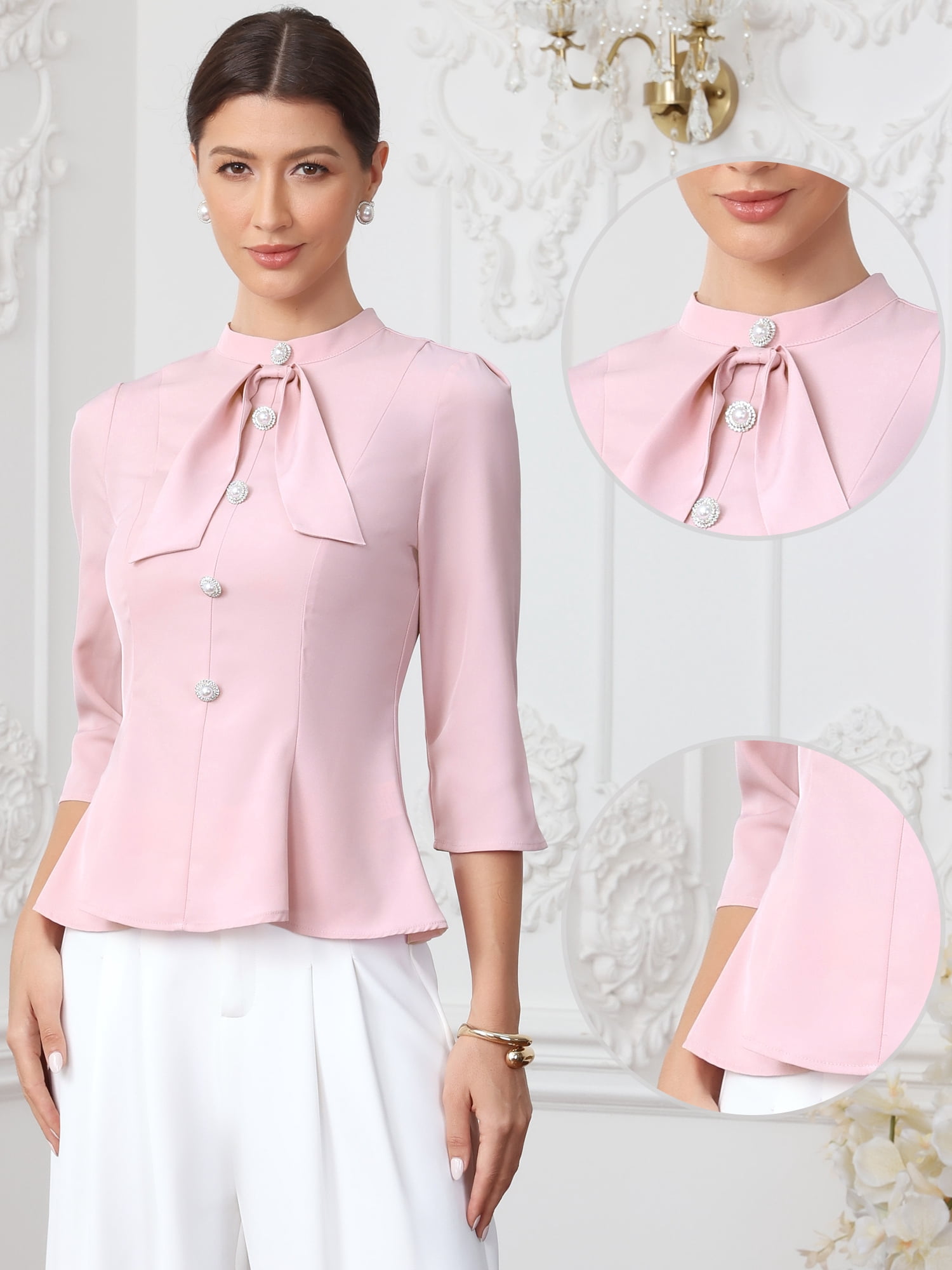 DARING DIVA Women's Peplum Mock Neck Buttons Ruffled Pleated 3/4 Sleeve Blouses M Pink