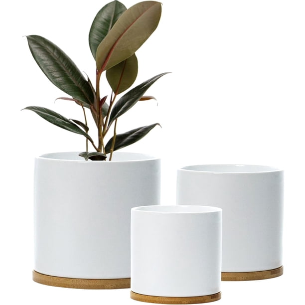Set med keramiska blomkrukor, inomhusblomkruka, vit kruksett, keramisk blomkruka, behållare, utomhus, stor med fat (vit)