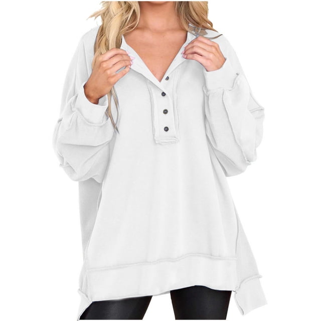 Admvng Chandail en Molleton pour Femmes Automne Chandails en Molleton Surdimensionnés Bouton Col Rond Mode Décontractée Chandail Tenues Automne Hiver Vêtements P-2TG