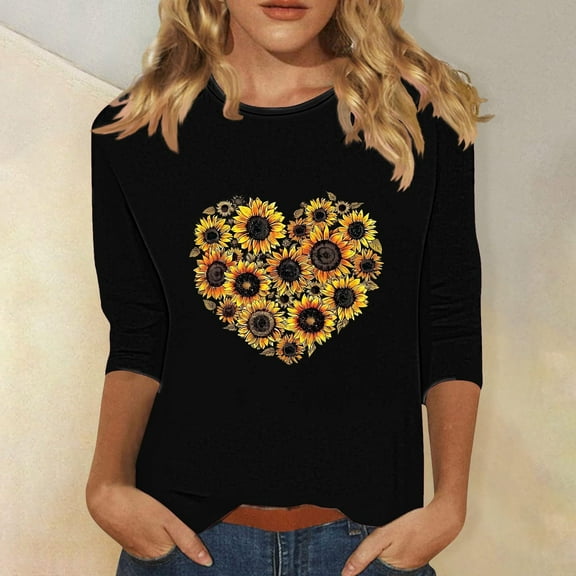 Fznquz Floral Blouses Women 3/4 Sleeve Crew Neck Black Tees Casual Spring Summer Soft Womens Clothing XXXL