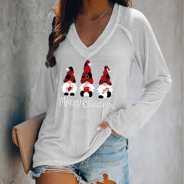 Puntoco Moda Mujer Casual Cuello en V Navidad Impreso Camiseta de manga larga Puntoco Puntoco-7000