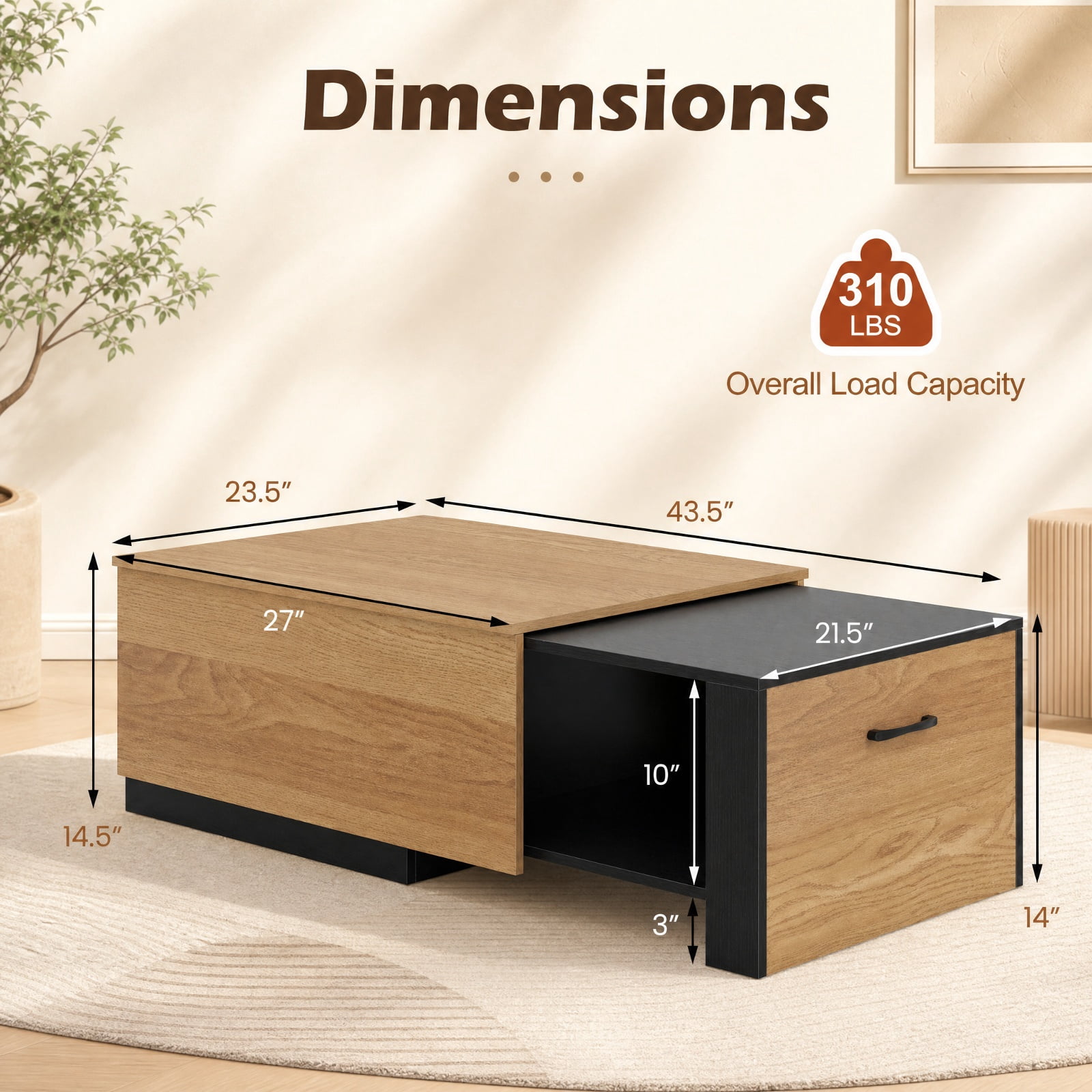 Furnibear Extendable 2-Tier Coffee Table with Concealed Storage Compartment and Bottom Shelf for Living Room and Small Space, Natural