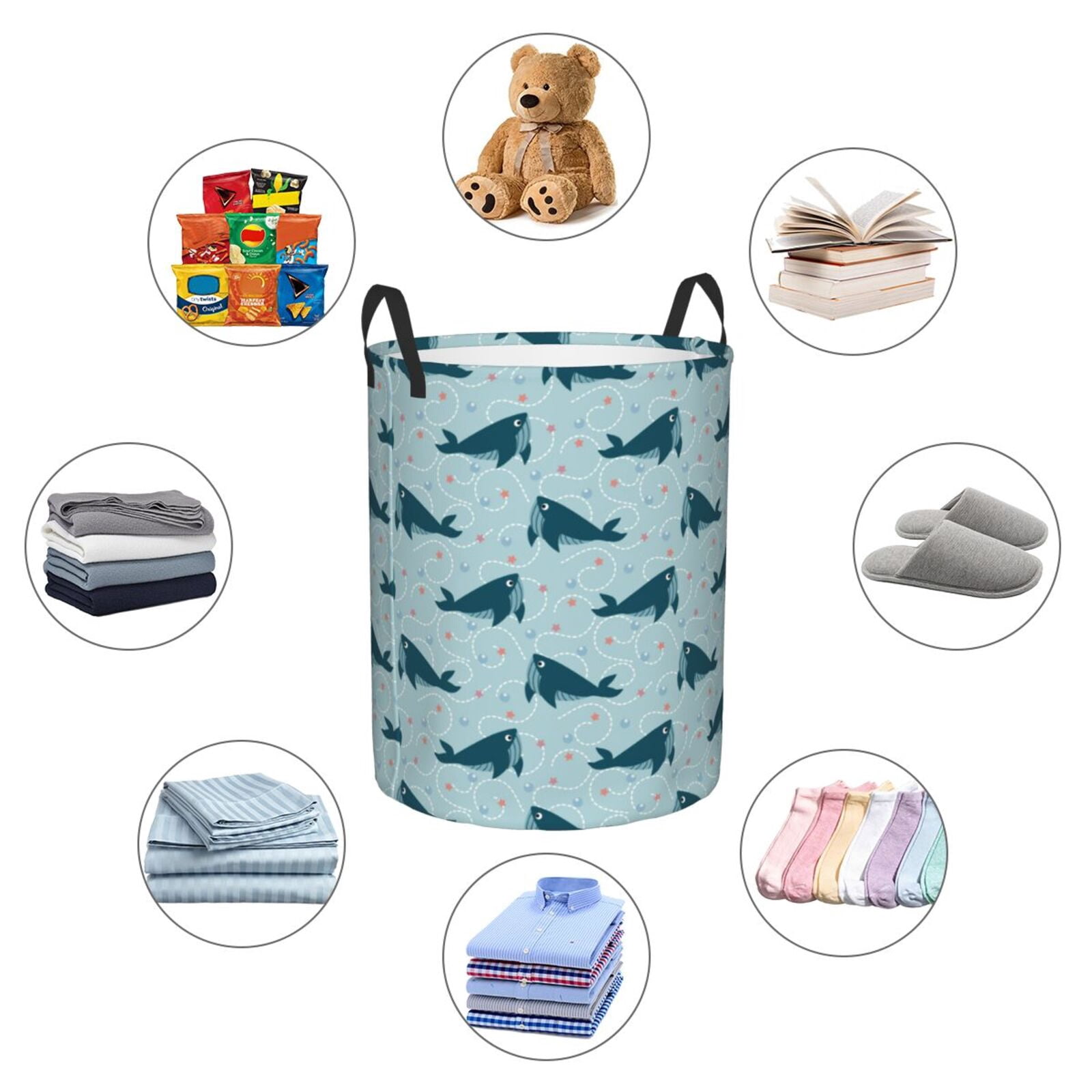 Large Laundry Basket with Handles - Bohemian Cartoon Cute Shark Kids Baby Dirty Clothes Laundry Hamper for Bedroom Aesthetic