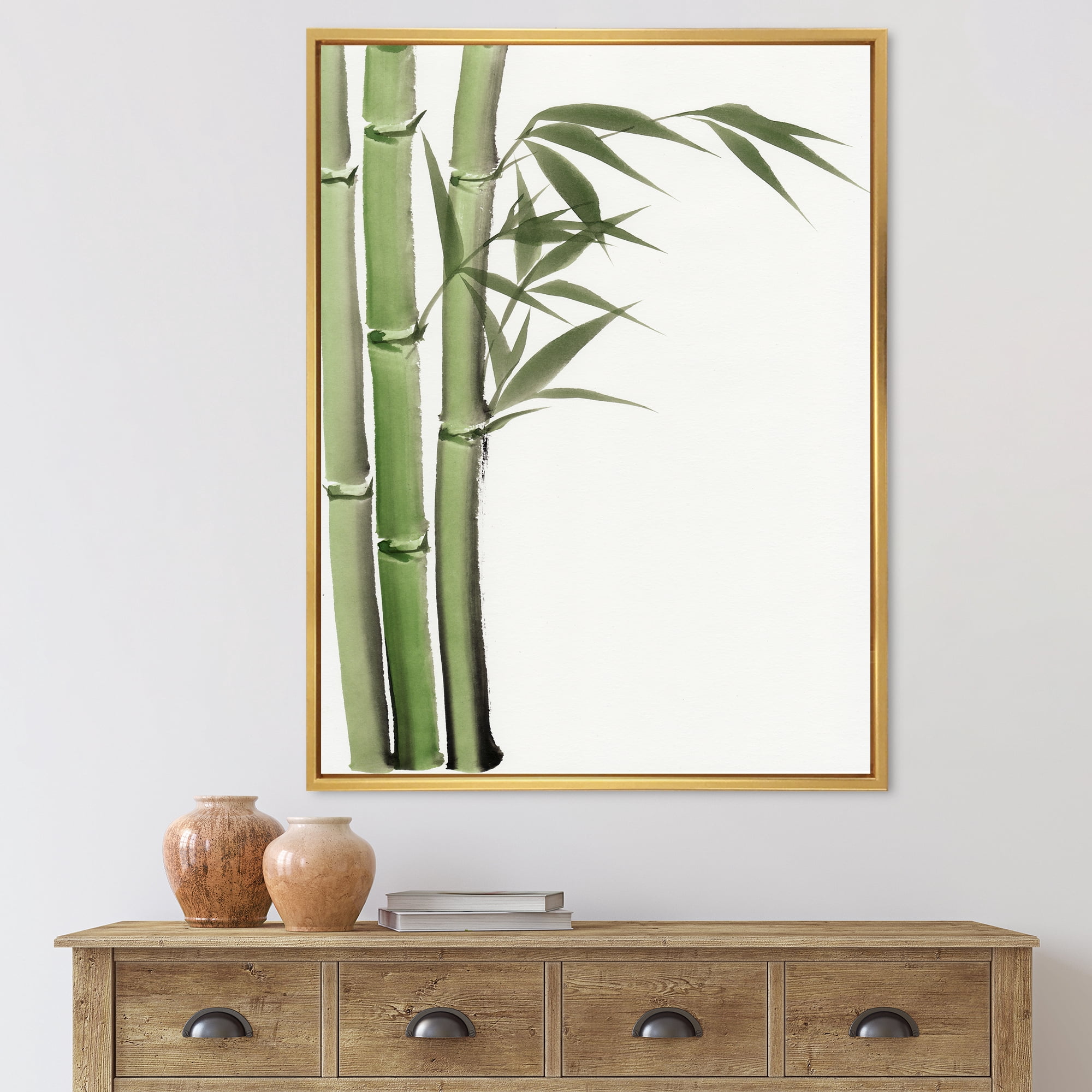 Designart 'Detail of Dark Green Bamboo and Leaves IV' Traditional Framed Canvas Wall Art Print